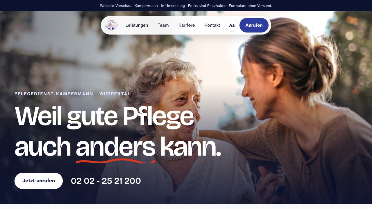 Neuer Website-Entwurf für Pflegedienst Kampermann mit klarer Orientierung für Patienten und Bewerber