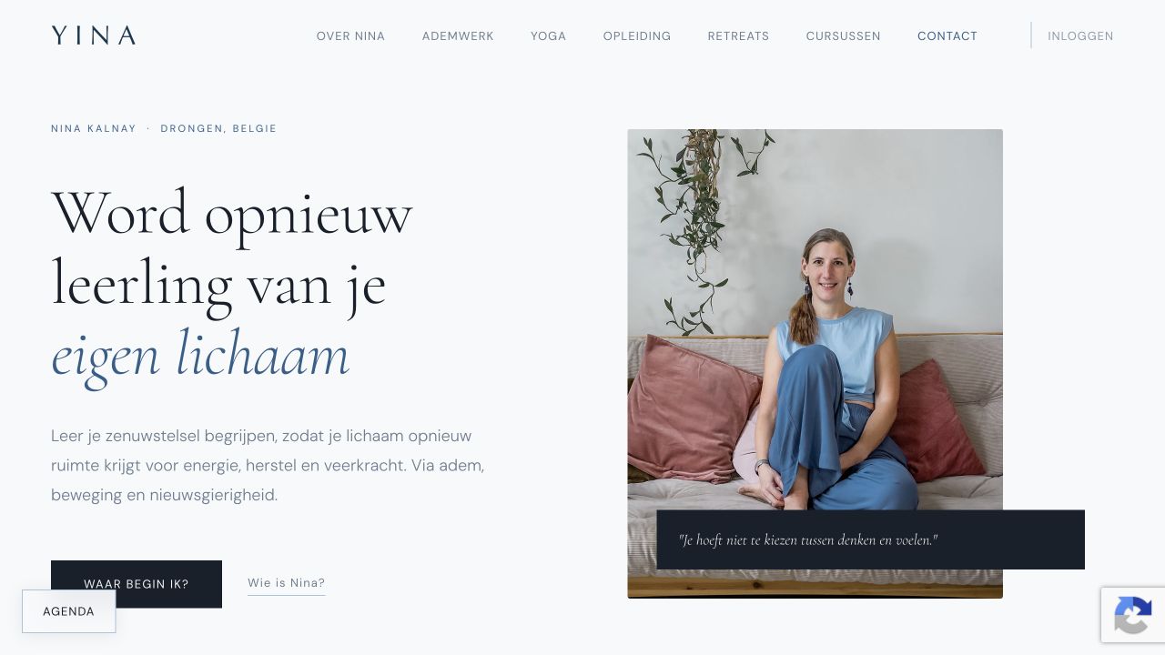 Die von Lucas gestaltete YINA-Website mit ruhiger Typografie und dem Portrait von Nina Kalnay